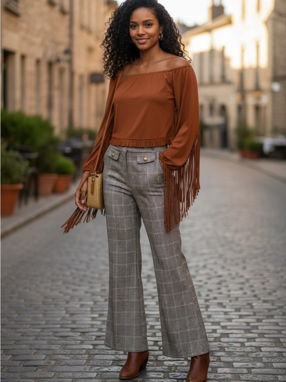 Fringe Off-Shoulder Top and Plaid Wide-Leg Pants Set - Brown Top, Gray Pants
